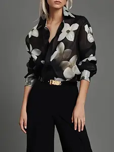 Women's Floral Print Collared Shirt, Casual Long Sleeve Top for Daily Wear, Ladies Clothes, All Seasons Blouse