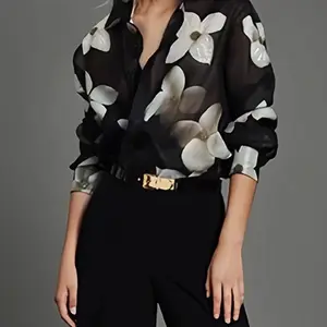 Women's Floral Print Collared Shirt, Casual Long Sleeve Top for Daily Wear, Ladies Clothes, All Seasons Blouse