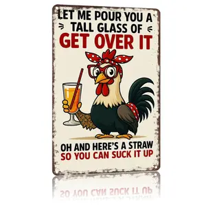 Playful "Get Over It" Rooster-Themed Metal Home Supplies Plaque, 8x12 Retro Textured Aluminum Print Wall Art Plaque, Signage for Living Room Office Decor, Vintage Room Aesthetic Accent with Glass Element
