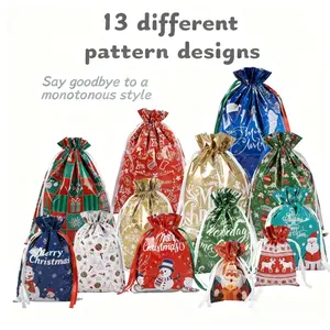 52PCS Unisex Reusable Christmas Gift Drawstring Bags Set with Tags, 13 Unique Prints, 4 Multi-Sizes, Eco-Friendly, Budget-Friendly for Quick Gifting, Waterproof, Ideal for Wedding & Abs-Related Gifting Needs, Easy to Use