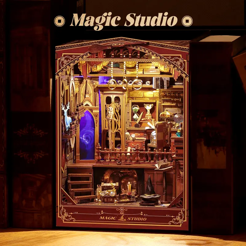 FUNPOLA Magic Studio LED 3D Puzzle Book Nook, with Music Box DIY Wooden Mechanical Miniature, Bookshelf Insert Creative Gift for Adults and Teens 268PCS