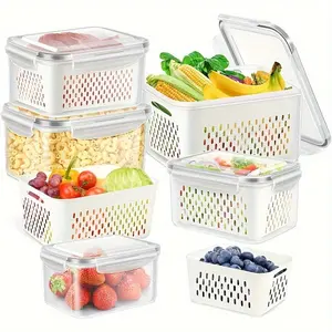 Food Storage Container Set, 3 Counts/set Including Drain Basket & Lid, Reusable Kitchen Organizer for Fruits, Vegetables, and Food, Utensils, Stackable Fridge Organizer
