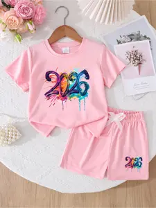 Girls Summer Football Print 2 Piece Outfit New Cute Fashion Clothes Set Outdoor Play Essential Toddler Bow Shorts Tee Set Round Neck Set