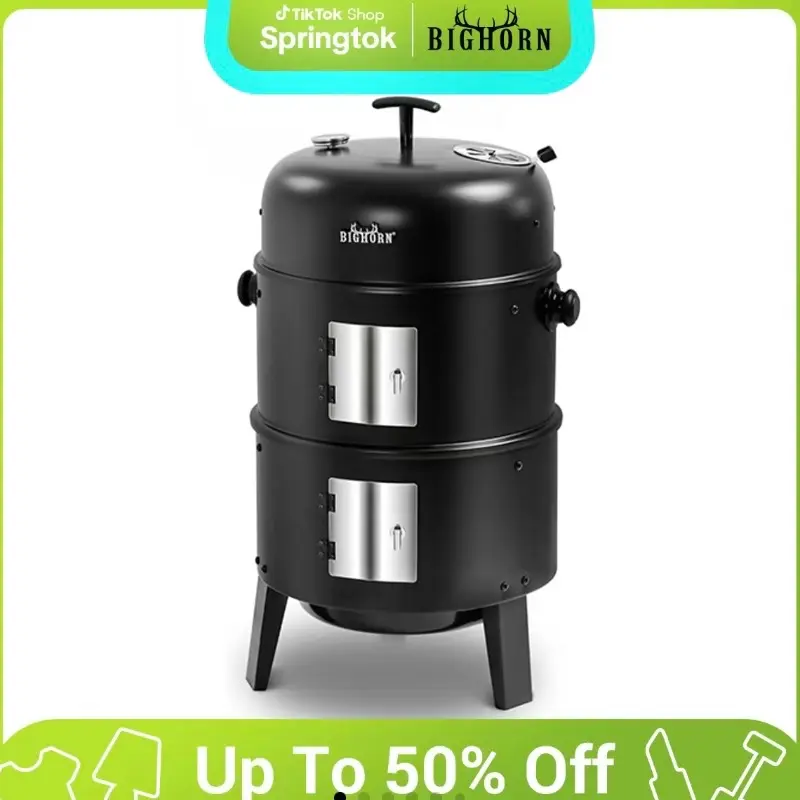 BIG HORN 16 Inch Charcoal Smoker, Heavy Duty 4 In 1 Fire Pit with Built-in Thermometer & Adjustable Vent System for Backyard Patio Camping