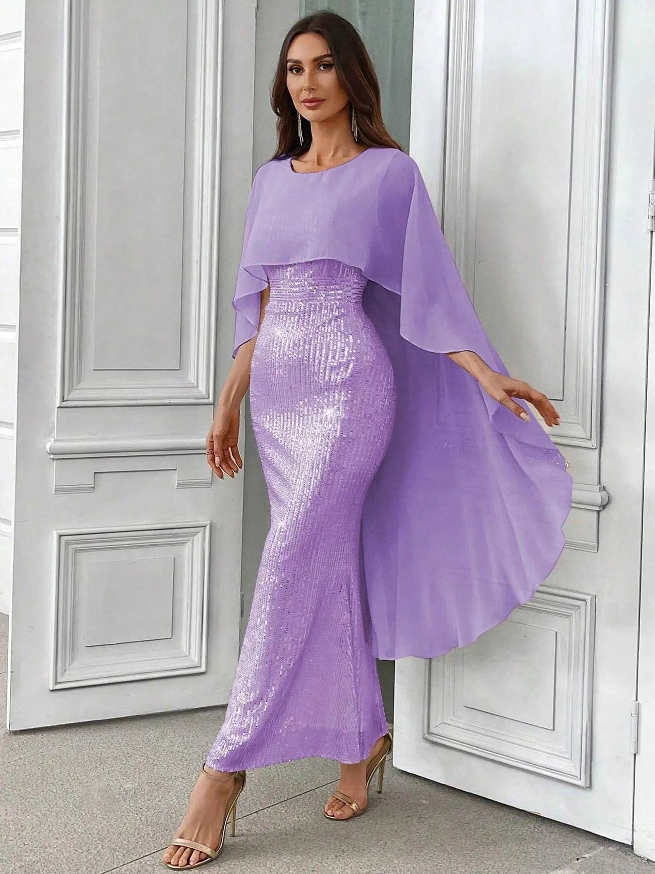Women's Glitter Sequins Fish Tail Dress, Elegant Round Neck Sleeveless Evening Party Formal Wear Gown, Evening Glam Gown, Ladies Summer Clothes for Formal Occasions, Womenswear