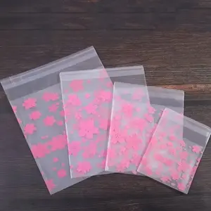 100pcs Half-Transparent Sakura Pattern Gift Packaging Bags, Re-Sealable Plastic Bags for Gift Wrapping, Photos, Jewelry, Socks, Various Sizes