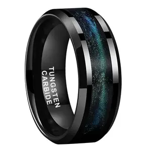 Black Tungsten Carbide Ring for Men 8mm Blue Green Sand Inlay Beveled Edge Durable Comfort Fit Promise Engagement Wedding Band Sizes 7-13