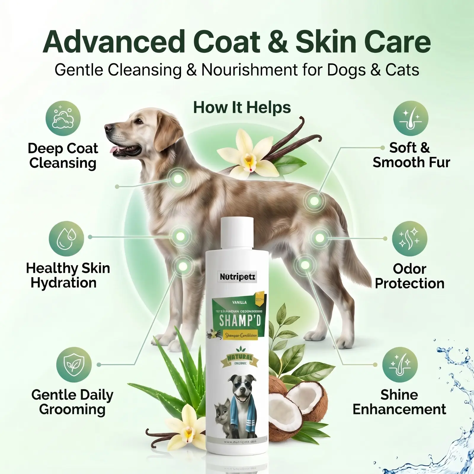 2-in-1 Shampoo + Conditioner for Puppies & Kittens, Natural & Organic Ingredients Liquid Grooming Wash with Aloe Vera, Deep Cleansing, Anti-Itch for Sensitive & Dry Skin, 500ML, Hydrolyzed Oat Protein, Moisturizing
