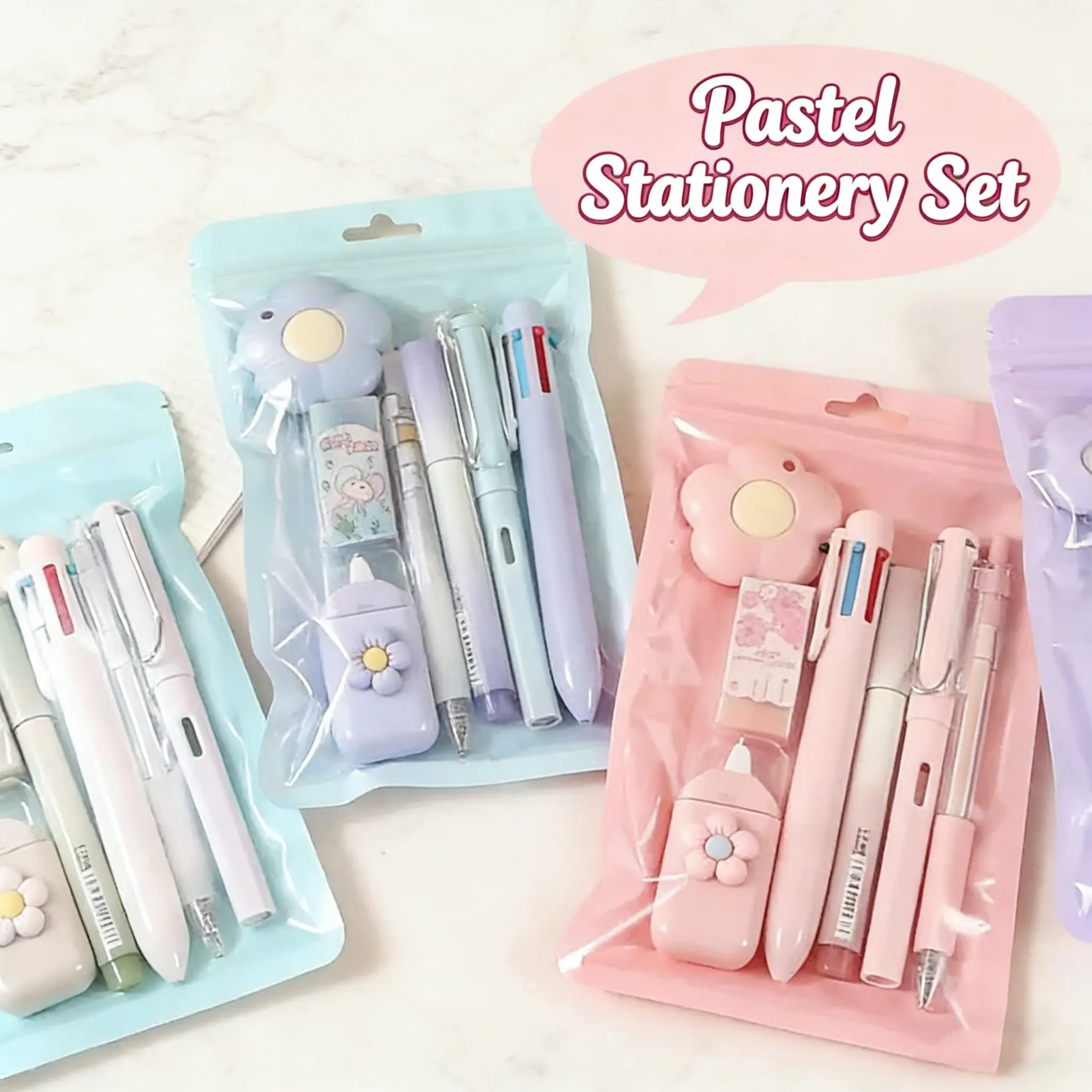 Kawaii 7-Piece Office Accessories & Aesthetic School Supplies Set - Eternal Pencil Included, Plus Ballpoint Pens, Pencil Sharpener, Highlighter, Correction Tape, Ruler, Utility Cutter for Students, Teacher Stuff for Classroom, Party Favor
