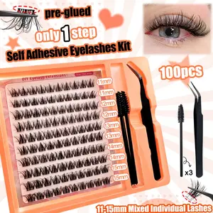 Self Adhesive Eyelash Clusters Set of 100, Individual Lash Extensions, DIY Natural Lash Extensions, D Curl Mixed Lengths (11-15mm), No Glue Needed