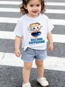 Summer Dress Cup Ballet Princess Print Girls Short Sleeve T-Shirt, Cute Cartoon Style, Fitted Design, Perfect for Kids