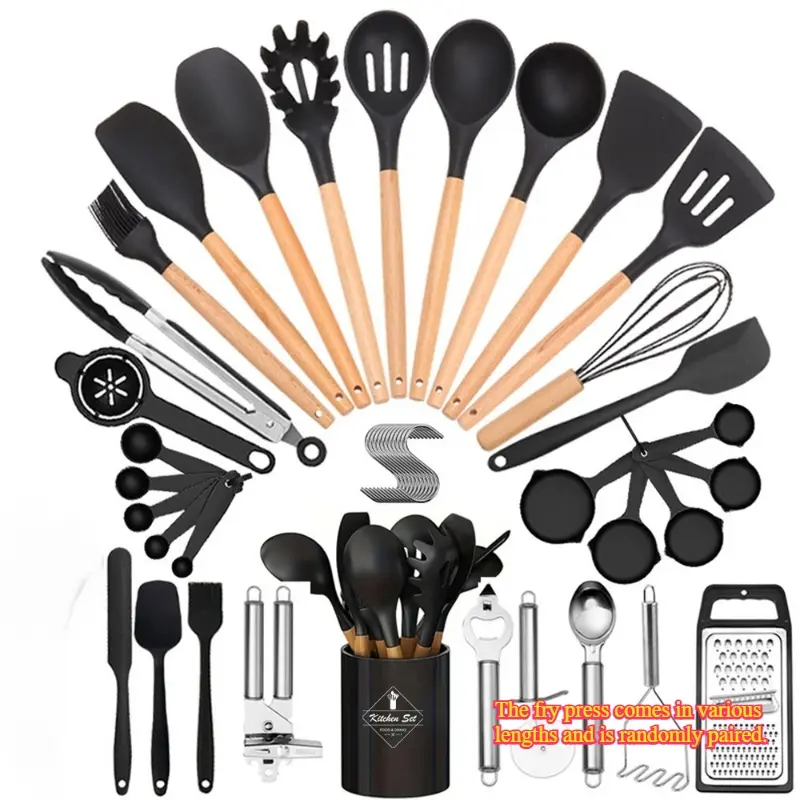 43- 12 Piece Silicone Kitchen Tool Set, Non-Stick Friendly Utensils & Spoons, Durable Stainless Steel & Silicone Tools, Essential Cooking Accessories, Kitchen Utensils Gadgets