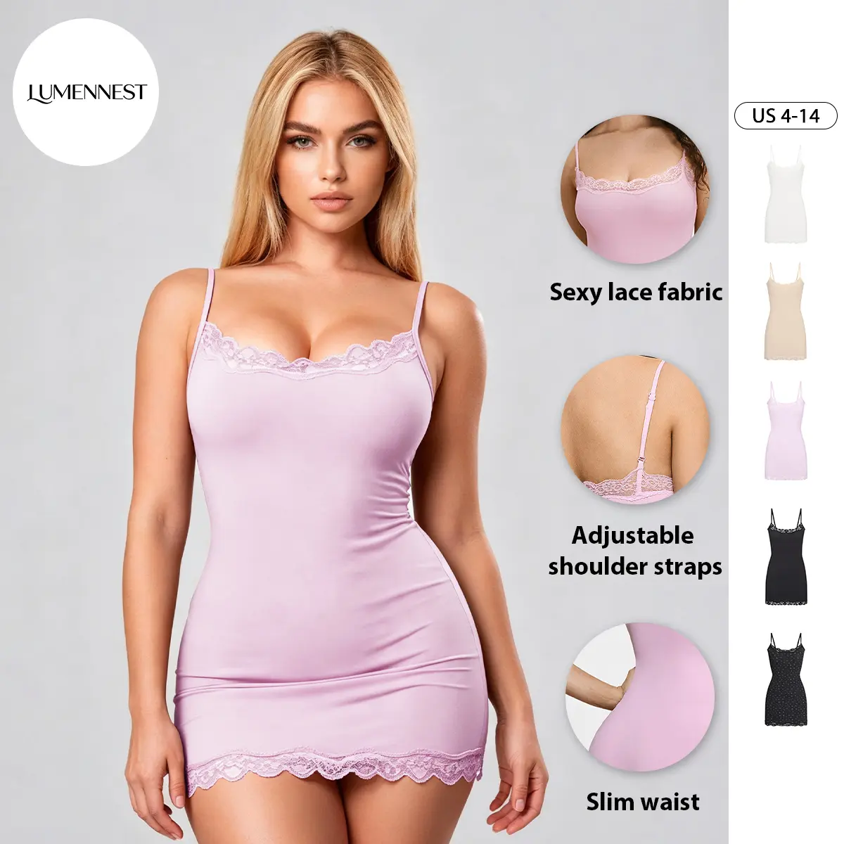 LUMENNEST Lace Series Women's Spaghetti Strap Lace Trim Breathable Nightdress, Minimalist Solid Color Mini Dress, Seamless Lightweight Chic Nightdress