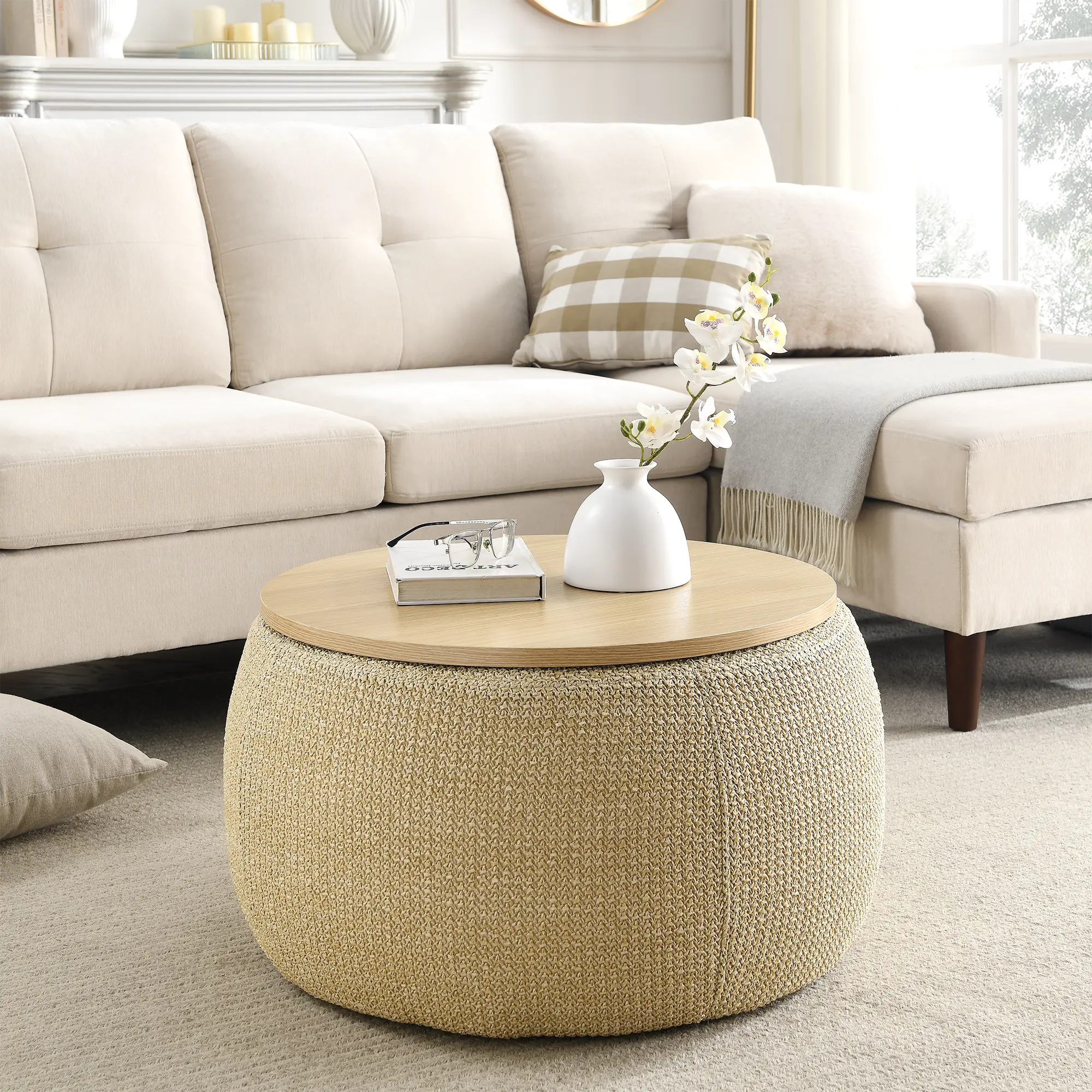 Modern Tufted Upholstered Storage Ottoman with Wooden Top - Handmade Luxury Pleated Fabric Footstool, Living Room Furniture Coffee Table End Table for Decor, Tufted Upholstered Ottoman