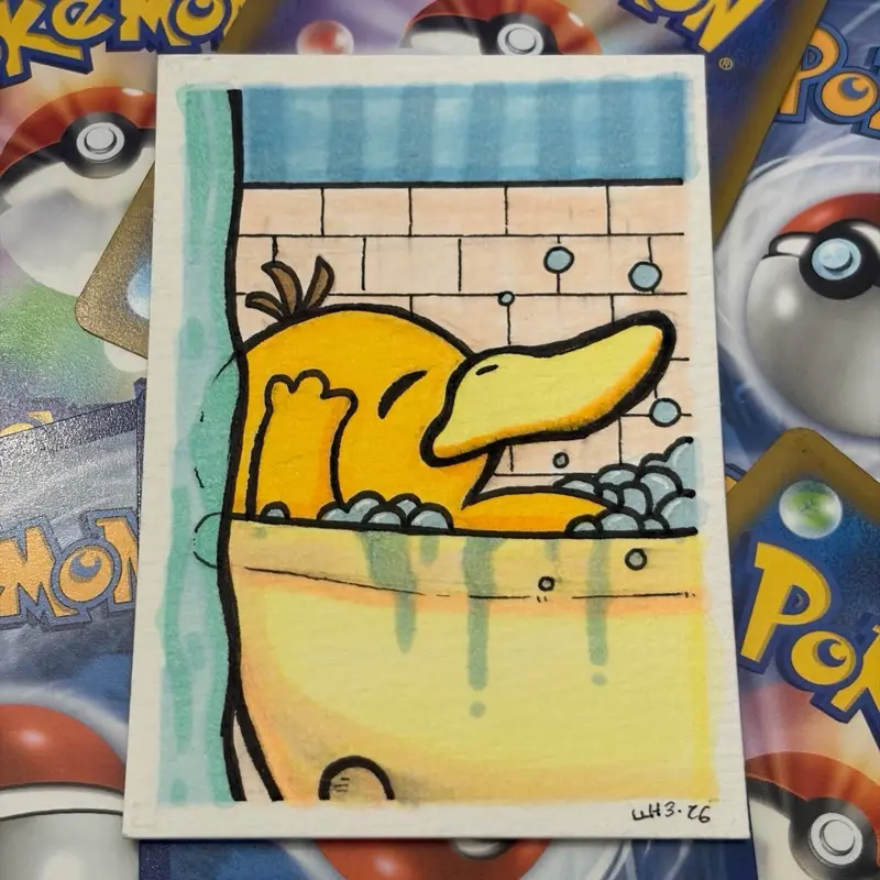 Psyduck Hand Drawn ACEO Artwork Decor fan art Pokemon Illustration 2.5 x 3.5 Inches Original Handmade Collectible fantasy art