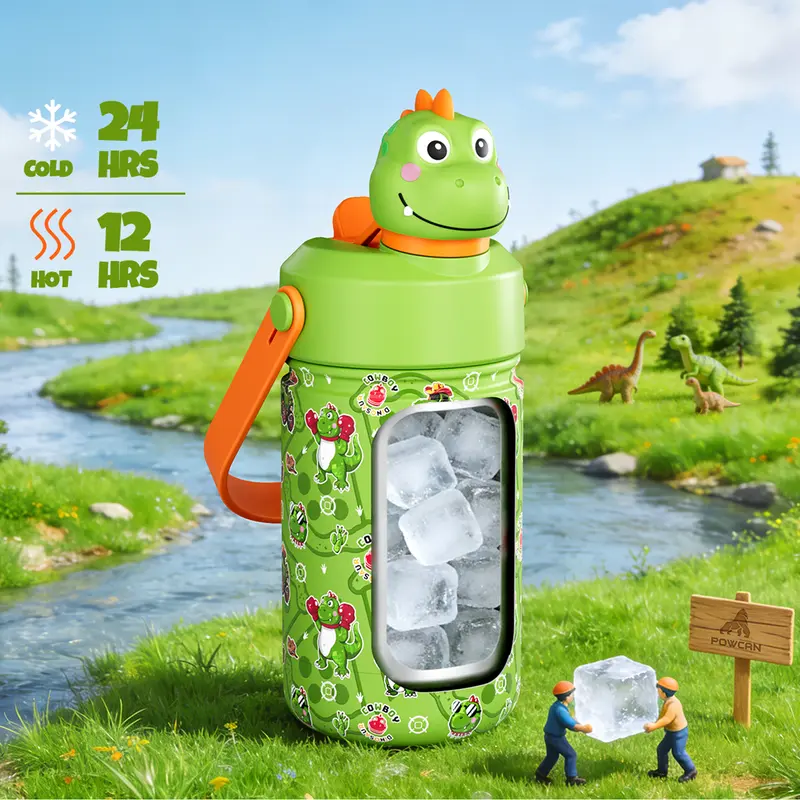 POWCAN 12oz Kids Vacuum Insulated Stainless Steel Bottle Tumbler, Sturdy Non-Toxic BPA-Free Leakproof Insulated Container with 2-in-1 Straw & Spout Lid, Cute 3D Character Portable Flask for School, Camping #backtoschool