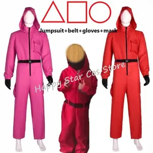 Halloween Squid Game Guard Cosplay Costume – Red Jumpsuit Outfit for Adults, Children, and Teenagers; Tracksuit with Hooded Coverall, Gloves, and Mask (Set)