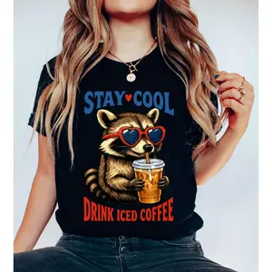Casual Crew Neck T-Shirt with Funny Iced Coffee Raccoon Print – Perfect for Coffee Lovers