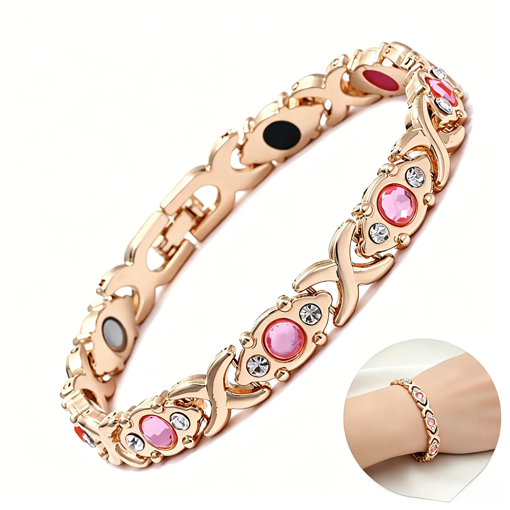 Women's Gold Tone Crystal Bracelet with Multi-Color Stones, Adjustable Magnetic Eco-Friendly Alloy Band, Stylish Accessories, Gifts for Women