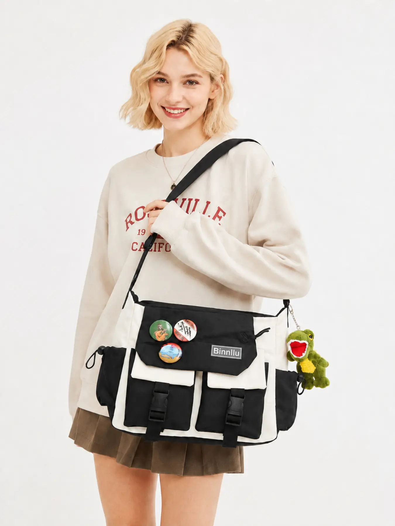 Y2K Messenger Bag for Teen Girls and Women, Cute Multi Pocket Canvas Satchel Purse with Dinosaur Plush Pendant, Trendy Pins, Secure Zipper, Buckle Front Pockets, Lightweight Shoulder Strap, Large Capacity Book Bag for College Essentials, Daily Work, Trave