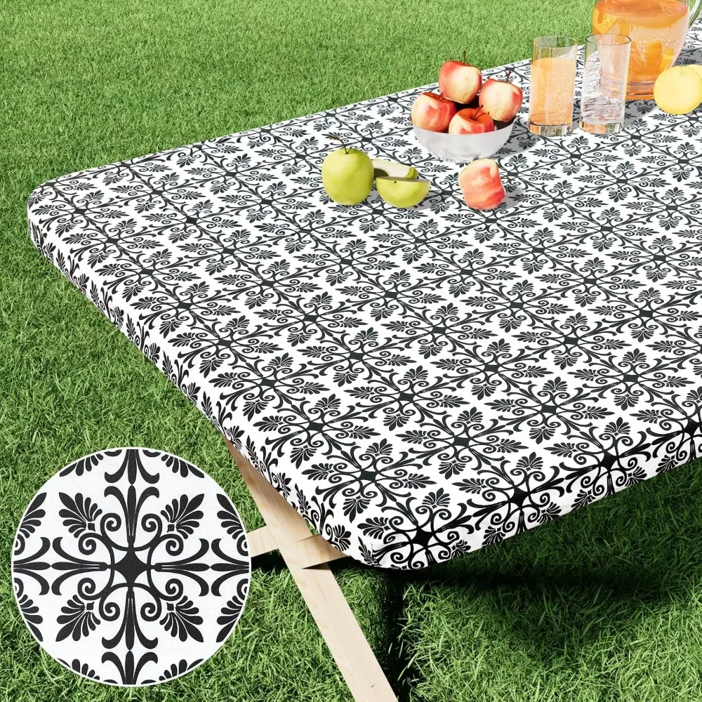 Rectangle Vinyl Table Cloth, Elastic Fitted Flannel Backed Tablecloth, 100% Waterproof Plastic Table Covers For 6 Foot Folding Tables For Picnic, Camping, Outdoor (Black, 30" x 72")