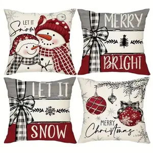 4pcs 18x18 Inch Christmas Throw Pillow Covers Linen Snowman & Tree Designs Zipper Closure for Home Couch Sofa Living Room 2026 Decor No Inserts Included Festive Winter Holiday Decoration