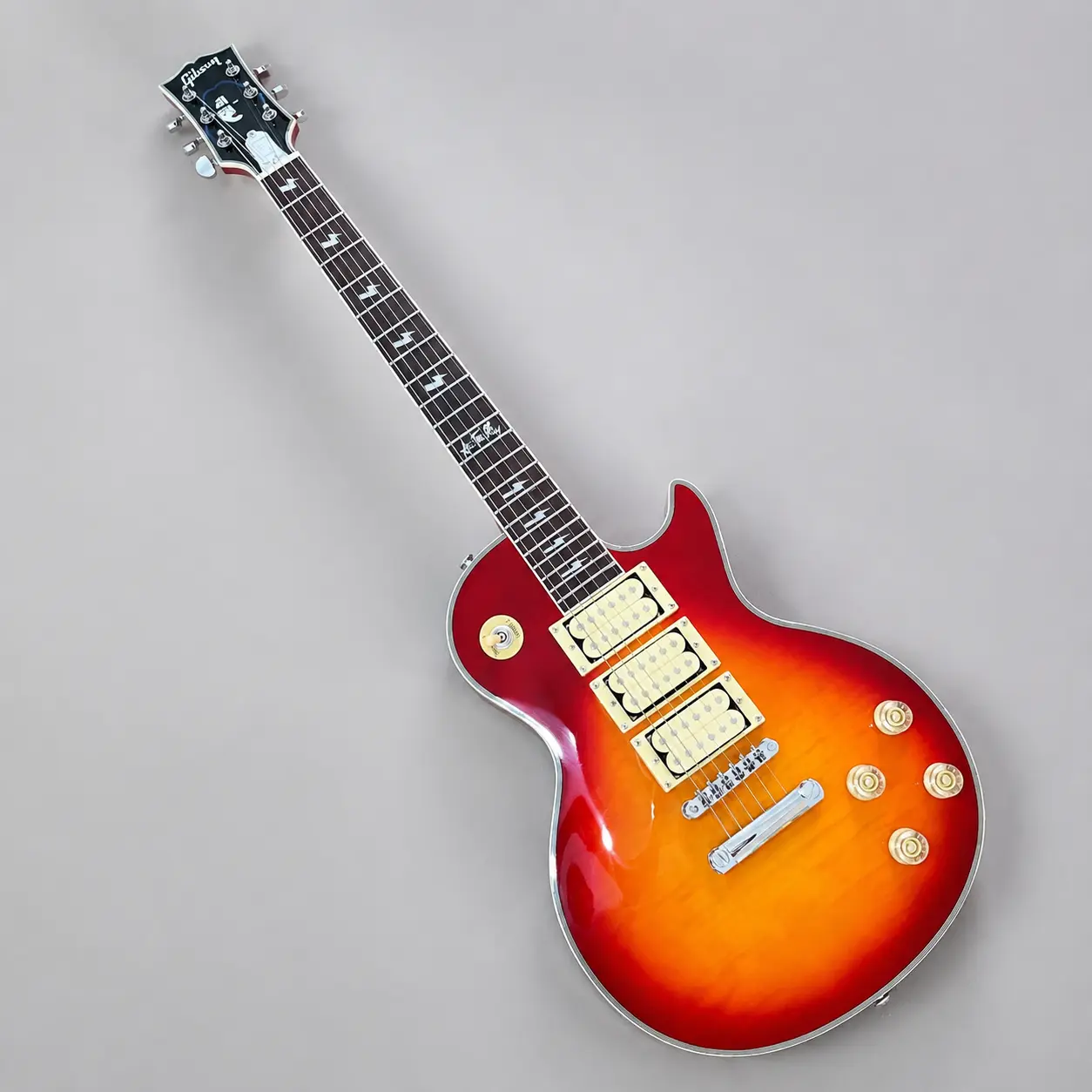 LP Style Solid Body Electric Guitar, 3 Humbucker Pickups, Lightning Fretboard Inlay, Cherry Sunburst Gloss Finish, Chrome Hardware for Rock Metal Music