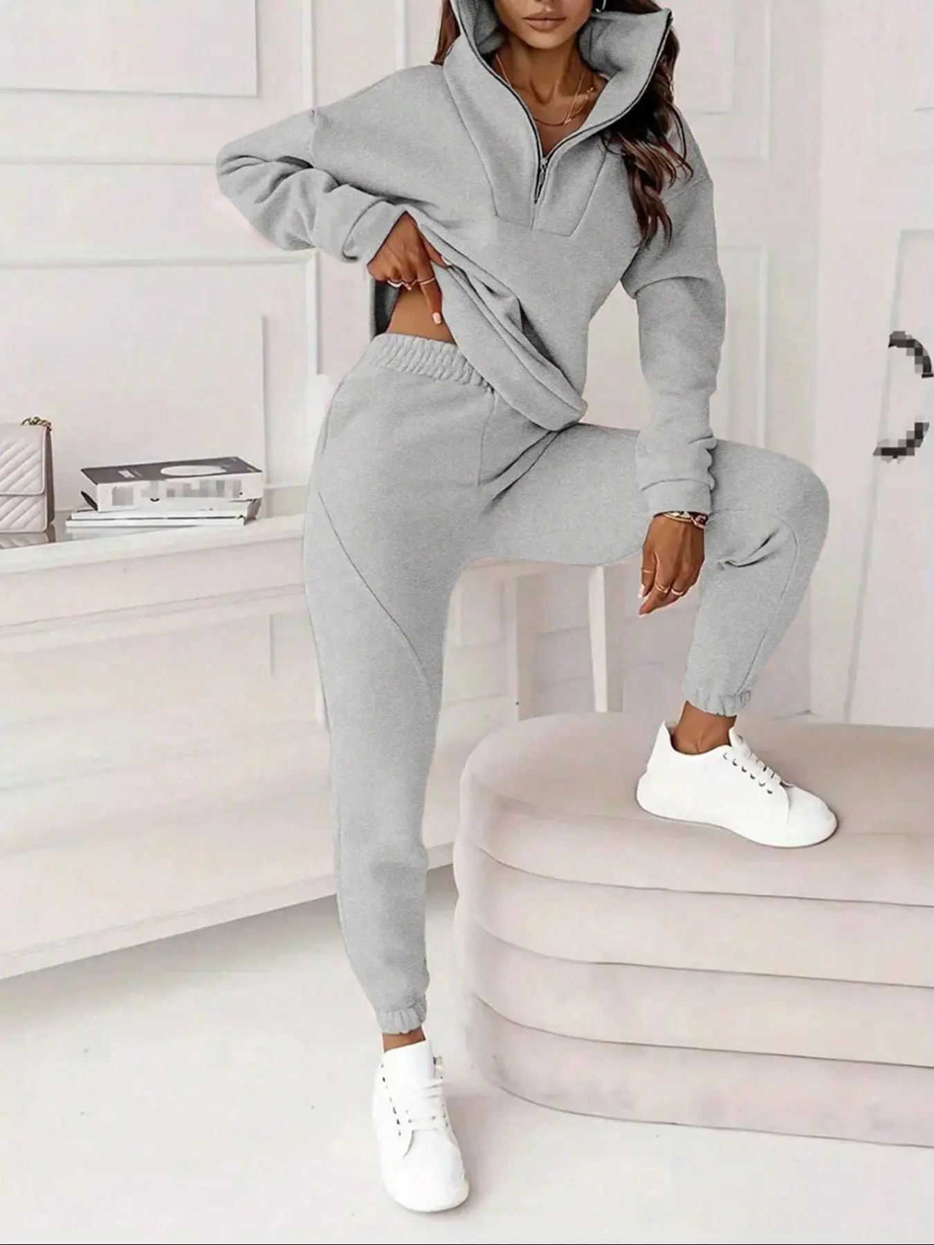 Two-piece women's solid-color crew-neck pullover with long sleeves and elastic waist and loose-fitting bottom pants, perfect for all occasions and versatile in style., Fall outfit, Womenswear, Matching