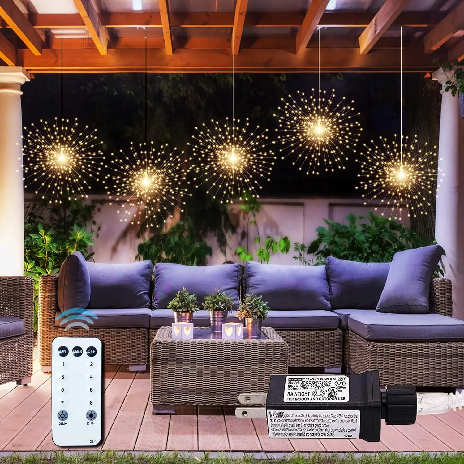 PXBNIUYA 5-Pack 1000LED Plug-In Starburst Sphere Firework Lights - 8 Modes, Dimmable Remote Control, Waterproof Hanging Copper Wire Fairy Lights for Patio, Christmas Decor
