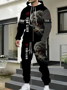 Men's Lion pattern zipper hoodie and sweatpants set - Casual 2-piece polyester zipper sweatshirt set, long sleeves, machine washable, suitable for spring/autumn