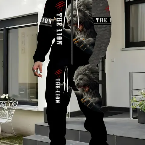 Male 2-Piece Aesthetics Hooded Streetwear Tracksuit - Graphic Lion Print Zippered Long Sleeve Hoodie & Polyester Sweatpants, Multi-Size Gym/Outdoor Casual Athletic Machine-Washable Men's Clothes