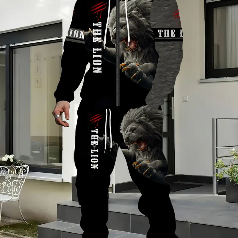 Male 2-Piece Aesthetics Hooded Streetwear Tracksuit - Graphic Lion Print Zippered Long Sleeve Hoodie & Polyester Sweatpants, Multi-Size Gym/Outdoor Casual Athletic Machine-Washable Men's Clothes