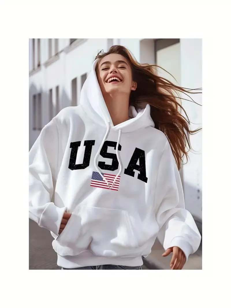 USA Distressed Letter Print Hoodie, American Flag Graphic Hoodie, Casual Daily Outfit, Holiday Gift, Vintage Retro All‑Season Style