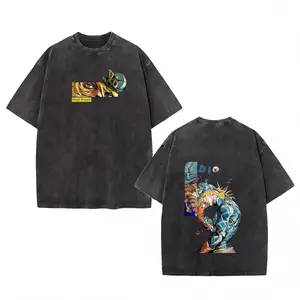Trendy anime JoJo’s Bizarre Adventure vintage washed tee, retro distressed short-sleeve shirt, official anime print, soft 100% cotton, breathable and durable, perfect for cosplay, streetwear, casual outings, and anime fans, limited edition collectible