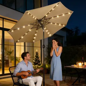 9ft Solar Patio Umbrella, Tilt Adjustment LED Outdoor Umbrella with 8 Reinforced Ribs for Garden, Backyard, Pool, Khaki