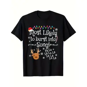 Funny Christmas T-Shirt - Most Likely to Burst Into Song - Festive Saying with Candy Canes & Snowflakes - Soft Breathable Cotton Tee - Holiday Party Outfit - Sizes S-XXXL - Gift for Men, Women, Family - Machine Washable Year-Round Wear