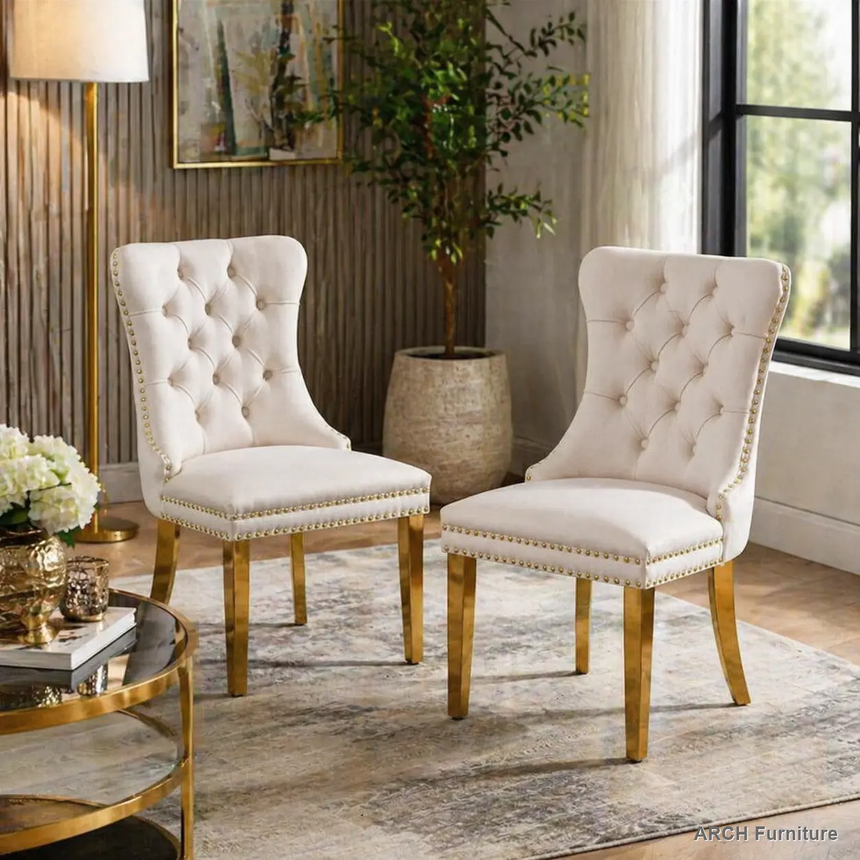 ARCH A&A Furniture Nikki Collection Modern High-End Tufted Velvet Dining Chairs - Set of 2, Golden Stainless Steel Plating Legs, Nailhead Trim, Beige & Gold, Easy Assembly, Comfortable Decorative Dining Chairs, SW1601BG WL, Modern Dining Chairs