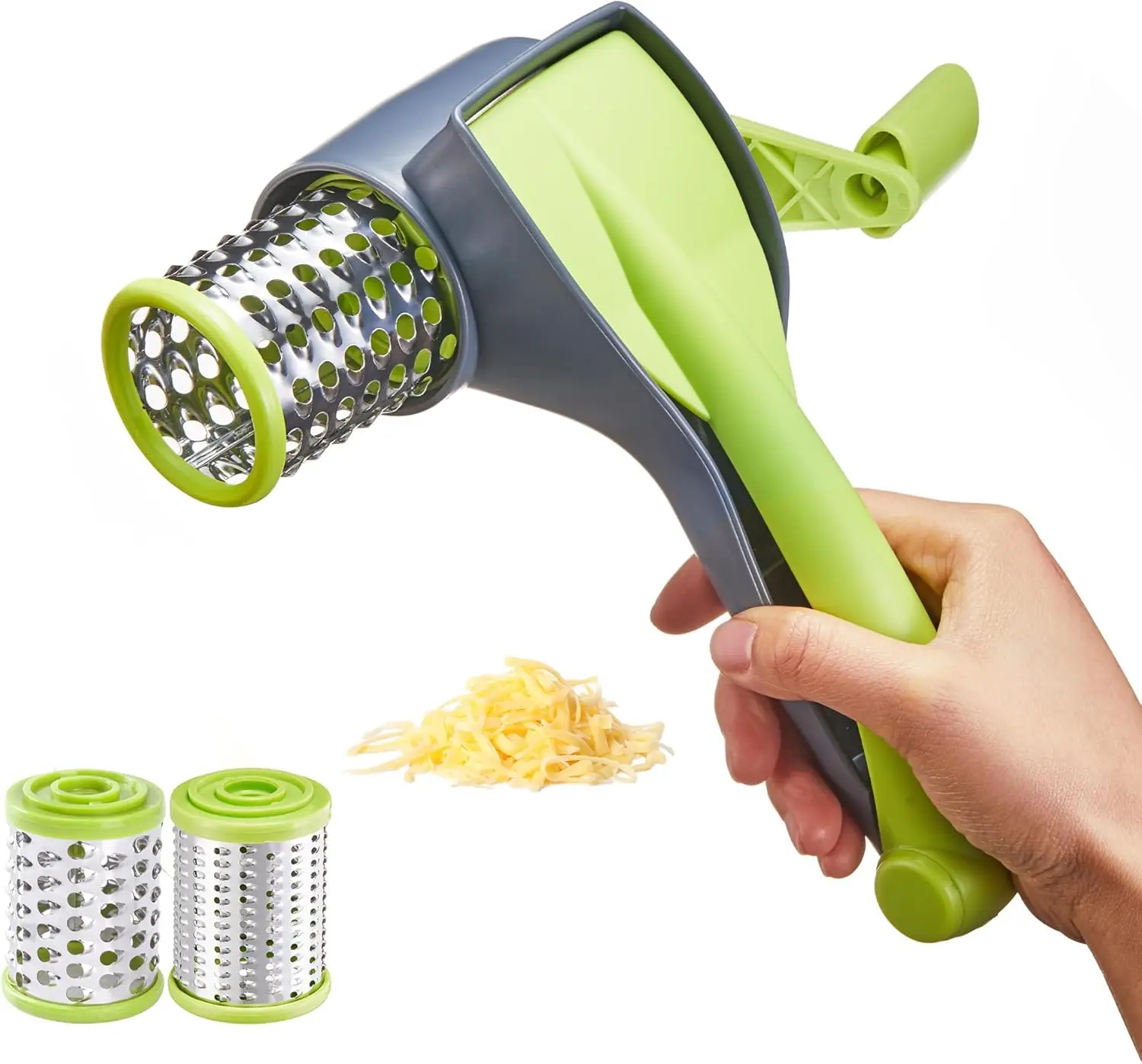 Rotary Cheese Grater with Handle - 2 Stainless Steel Drums for Hard Cheese, Parmesan & Chocolate Shredding
