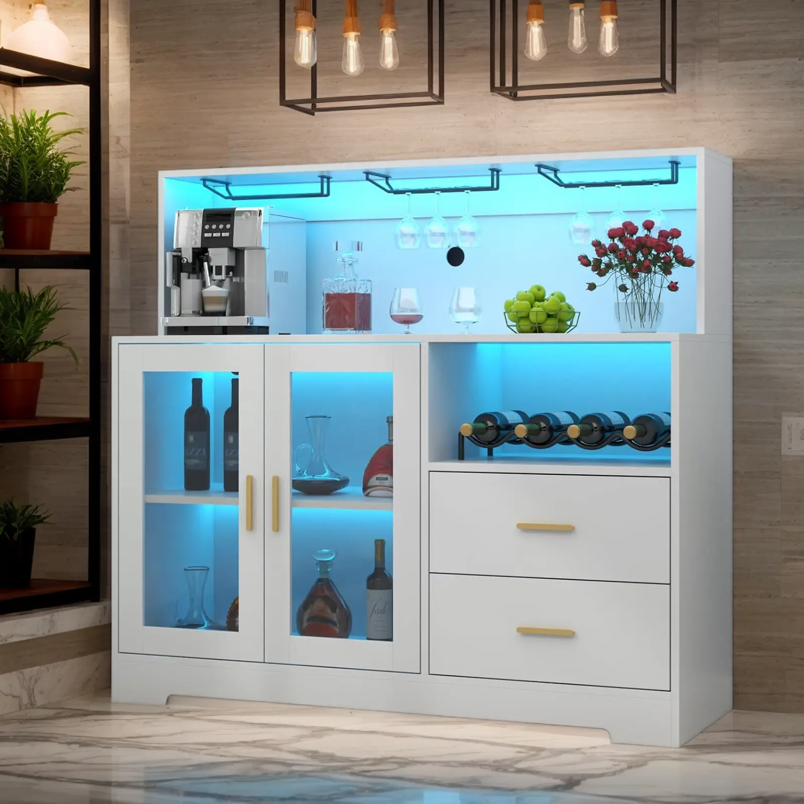 Loomie Wine Bar Cabinet with Wine Rack and Glass Holders, Home Coffee Bar Cabinet with LED Light, Kitchen Buffet Sideboard with Storage Cabinet and Drawers, Modern Liquor Cabinet bar cabinet