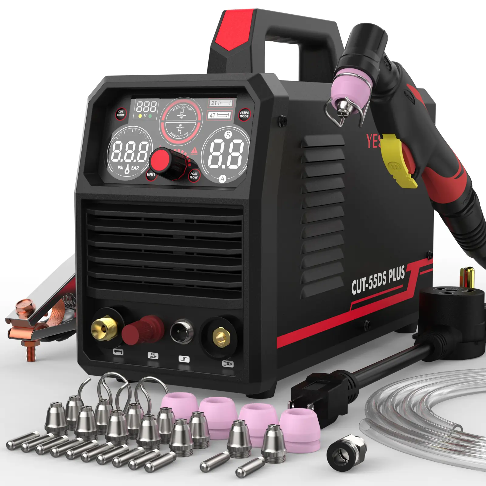 YESWELDER CUT-55DS-PLUS 110/220V Air Plasma Cutter 55Amp with 24Pcs AG60 Cutting Torch Consumables Kit | High-Frequency Start & Non-Touch Pilot Arc | 2-in-1 Multifunctional Metal Cutting Machine with Plate/Grid Cutting