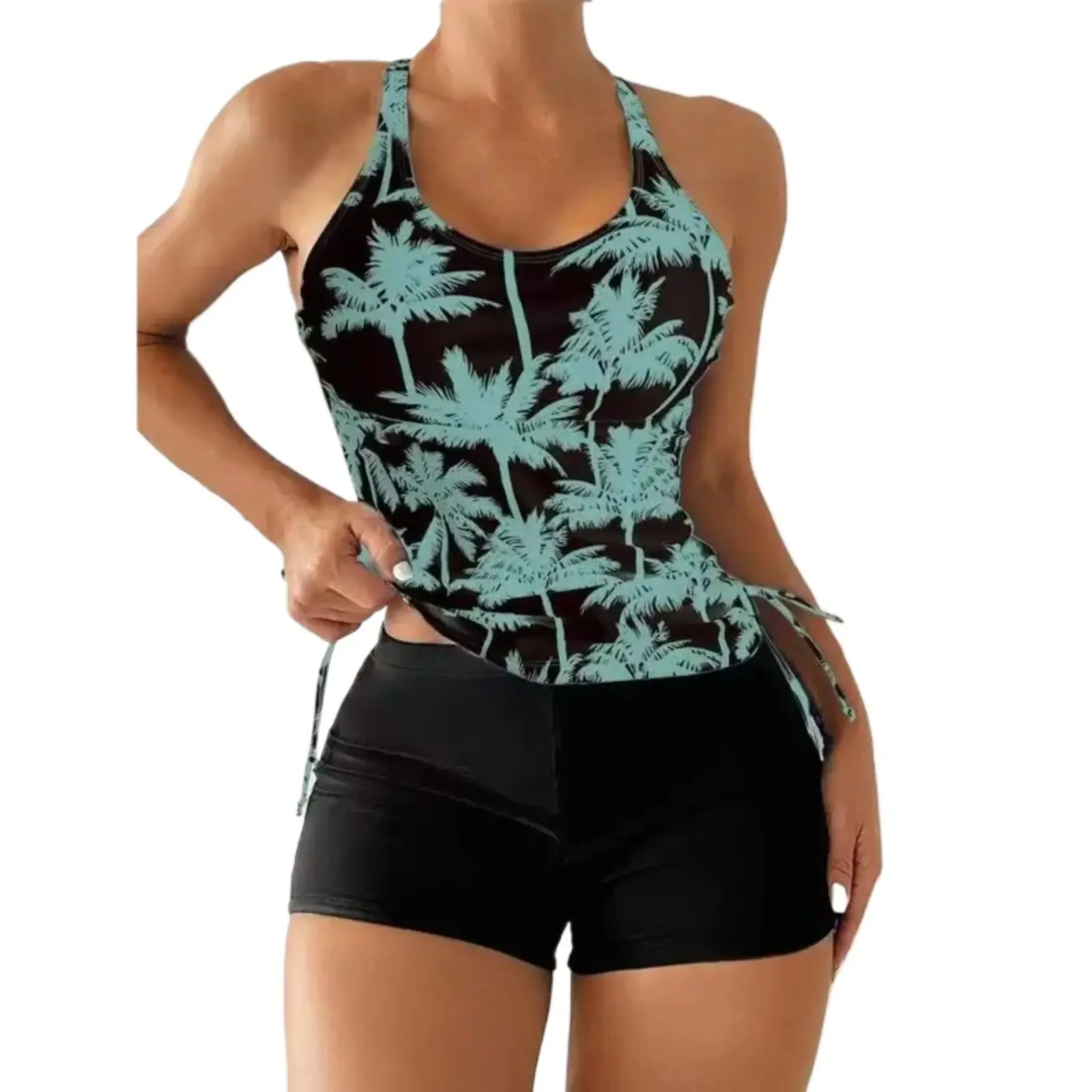 Women 2 Piece Floral Patchwork Tankini Swimsuit Set Adjustable Straps Skirted Shorts Summer Beach Bathing Suit