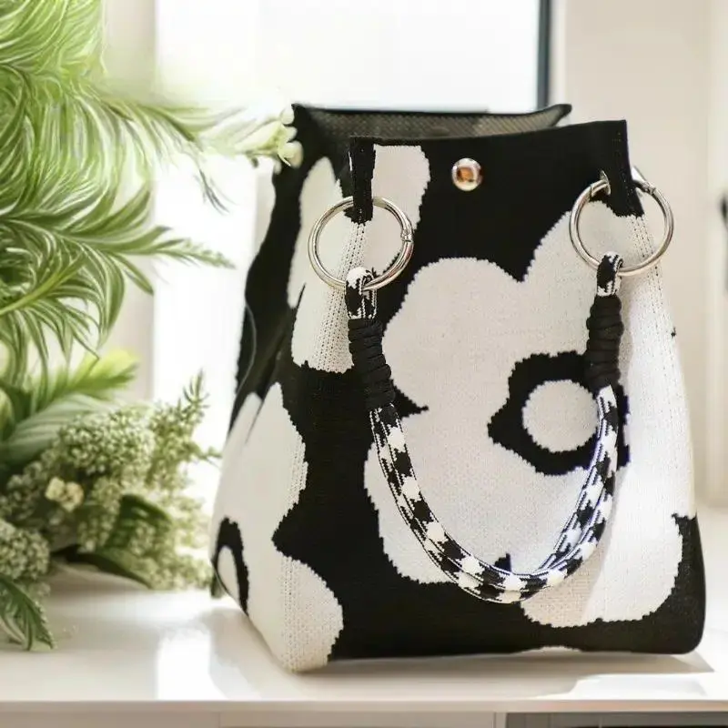 Cute Printed Knit Mini Bucket Tote Bag With Colorful Braided Rope Handles, Snap Magnetic Closure Lightweight Breathable Woven Hand Purse For Women Daily Shopping Beach Vacation Casual Outfit