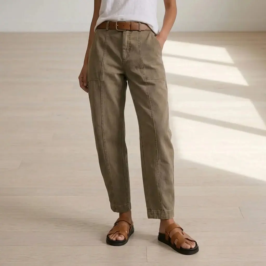 Solid Stitch Detail Mid Waist Baby Barrel Fit Deep Pockets Pants High Stretch 26.4" Inseam Casual Women's Fashion Elevated Basic