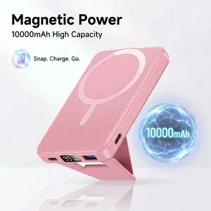 10000mAh Magnetic Wireless Power Bank for iPhone 17/16/15/14/13/12 – 22.5W PD Fast Charging, MagSafe Compatible, Foldable Stand, LED Display, Portable Charger with USB‑C Compact ac plug output cable easy portability solar charger power bank