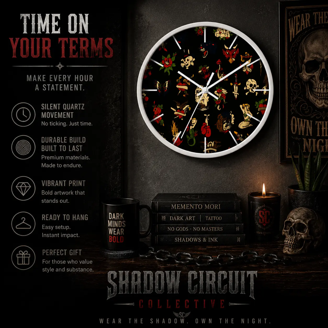 Tattoo Flash Wall Clock Gothic Wall Decor Alternative Home Decor Vintage Tattoo Clock Punk Rock Wall Art Gothic Room Decor