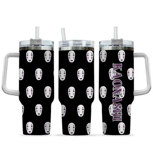 Spirited Away Kaonashi No-Face 40oz Stanley Style Tumbler with Handle, Stainless Steel Vacuum Insulated, Black Anime Mask Pattern Cup, Anime Merch, Anime Tumbler
