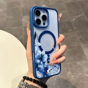 Magnetic Coquette Case for iPhone 17 16 E Pro Max 15 Plus 14 13 12 11 XS XR, Pastel Blue Floral Frame Design | Shockproof, Girly, Stylish, Silicone, and Trendy Protection