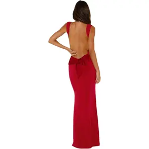 Women’s Satin Bow Maxi Dress Sexy Cowl Neck Backless Wedding Guest Dress Cocktail Party Evening Gown