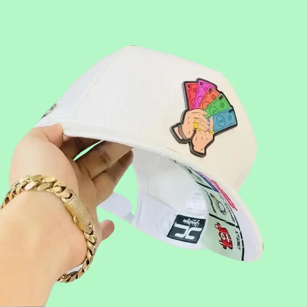 Off White Snapback Hat with Colorful Money Stack Patch Unisex Hip Hop Streetwear Flat Brim Baseball Cap