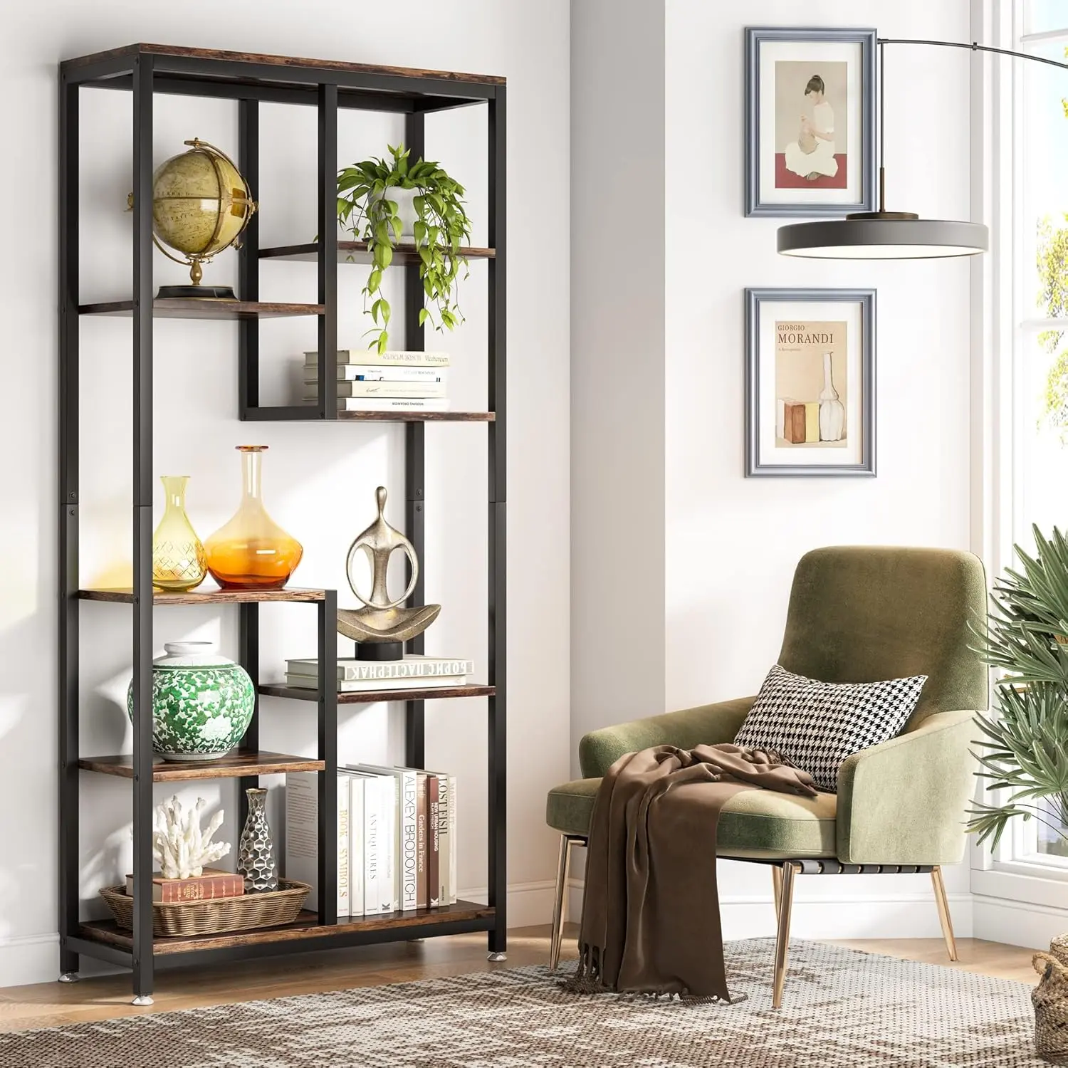 TRIBEWOOD Contemporary 6-Tier Tall Particleboard Bookshelf - Industrial Open Staggered Shelves Unit, Modern Bookshelf for Living Room, Home Library Storage, Collectibles Display, Book Nook, Plant Stand, Magazine Rack, Easy Setup, 6-Tier Storage Shelf